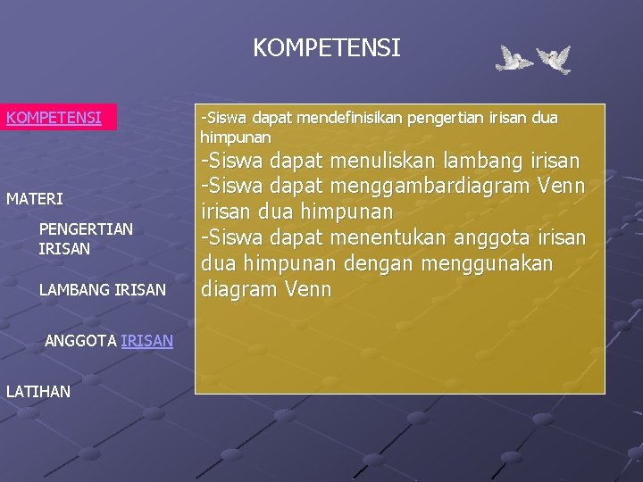 KOMPETENSI MATERI PENGERTIAN IRISAN LAMBANG IRISAN ANGGOTA IRISAN LATIHAN -Siswa dapat mendefinisikan pengertian irisan
