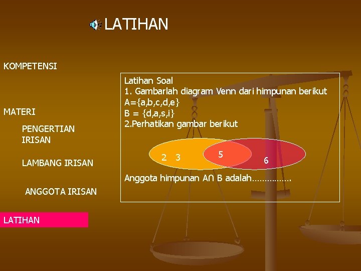 LATIHAN KOMPETENSI MATERI PENGERTIAN IRISAN LAMBANG IRISAN Latihan Soal 1. Gambarlah diagram Venn dari