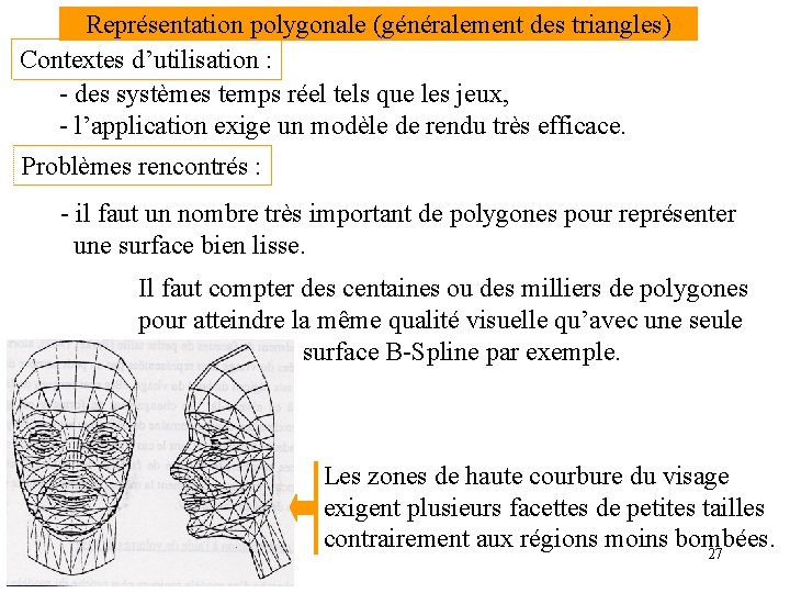 Représentation polygonale (généralement des triangles) Contextes d’utilisation : - des systèmes temps réel tels