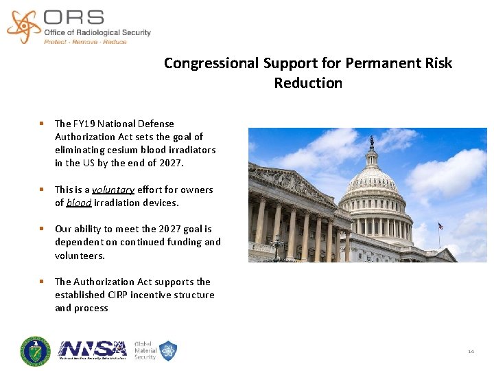 Congressional Support for Permanent Risk Reduction § The FY 19 National Defense Authorization Act