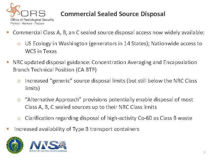 Commercial Sealed Source Disposal § Commercial Class A, B, an C sealed source disposal