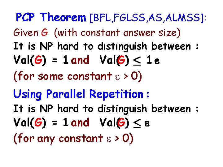 PCP Theorem [BFL, FGLSS, ALMSS]: Given G (with constant answer size) It is NP