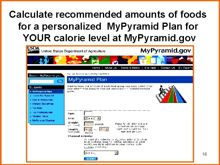 Calculate recommended amounts of foods for a personalized My. Pyramid Plan for YOUR calorie Calculate recommended amounts of foods for a personalized My. Pyramid Plan for YOUR calorie