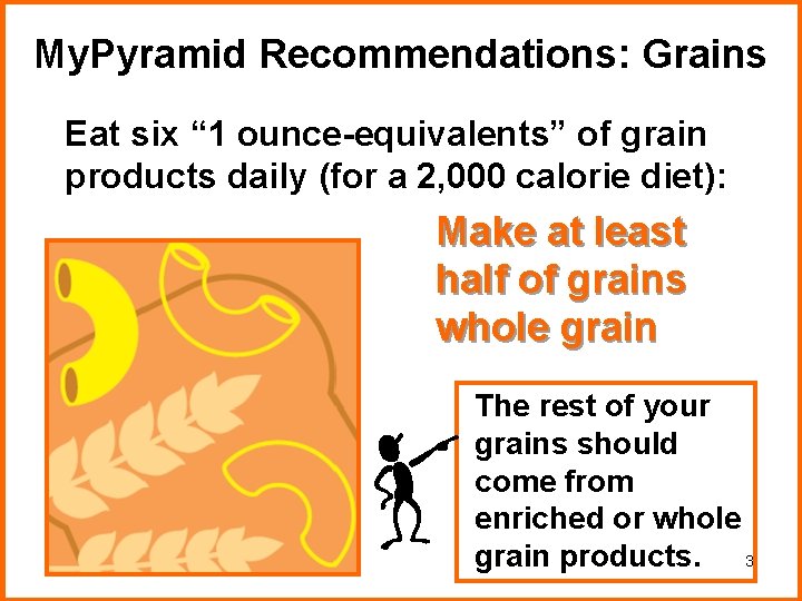 My. Pyramid Recommendations: Grains Eat six “ 1 ounce-equivalents” of grain products daily (for My. Pyramid Recommendations: Grains Eat six “ 1 ounce-equivalents” of grain products daily (for