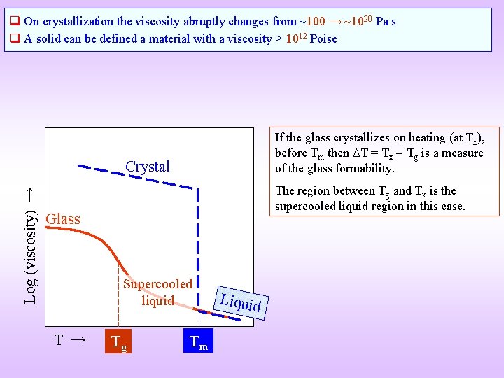 q On crystallization the viscosity abruptly changes from ~100 → ~1020 Pa s q