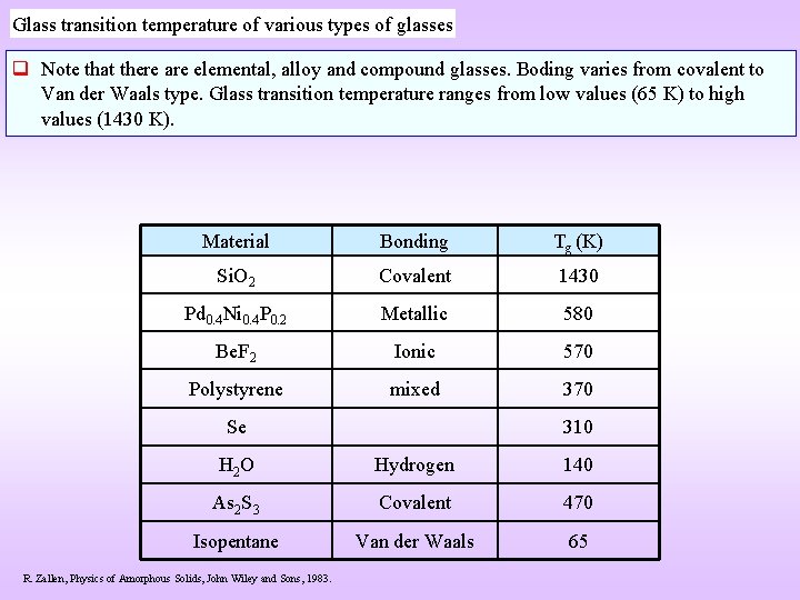Glass transition temperature of various types of glasses q Note that there are elemental, Glass transition temperature of various types of glasses q Note that there are elemental,