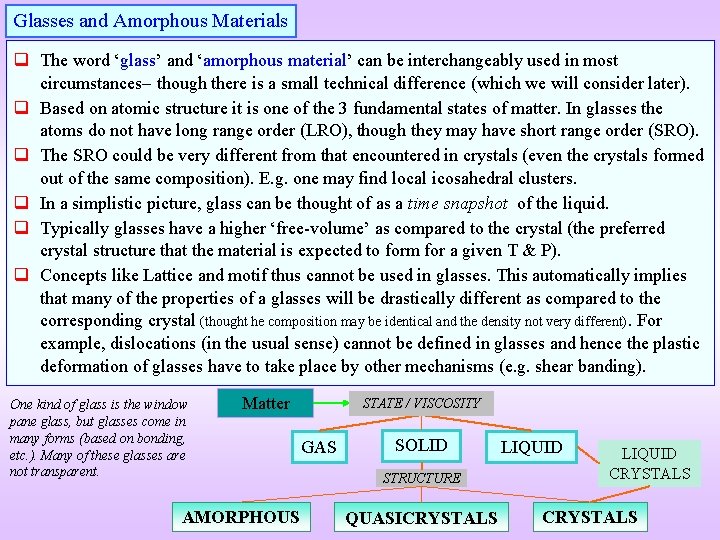 Glasses and Amorphous Materials q The word ‘glass’ and ‘amorphous material’ can be interchangeably