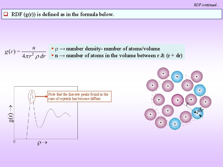 RDF continued… q RDF (g(r)) is defined as in the formula below. § →