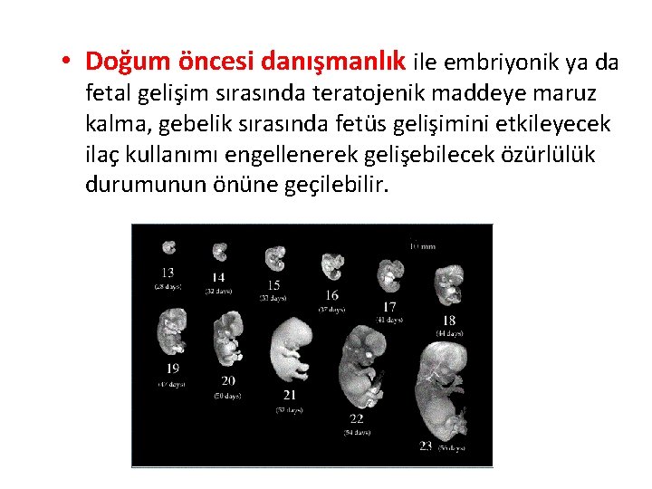  • Doğum öncesi danışmanlık ile embriyonik ya da fetal gelişim sırasında teratojenik maddeye