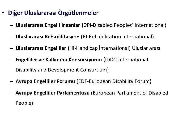  • Diğer Uluslararası Örgütlenmeler – Uluslararası Engelli İnsanlar (DPI-Disabled Peoples’ International) – Uluslararası