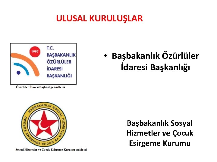 ULUSAL KURULUŞLAR • Başbakanlık Özürlüler İdaresi Başkanlığı Başbakanlık Sosyal Hizmetler ve Çocuk Esirgeme Kurumu