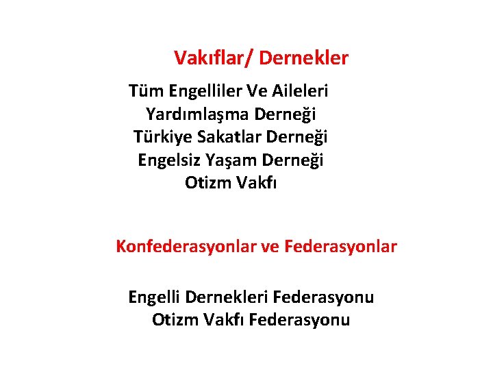 Vakıflar/ Dernekler Tüm Engelliler Ve Aileleri Yardımlaşma Derneği Türkiye Sakatlar Derneği Engelsiz Yaşam Derneği
