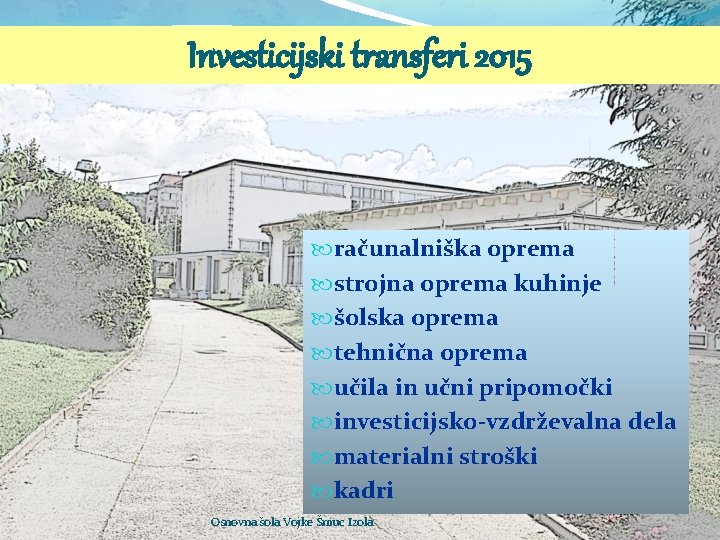 Investicijski transferi 2015 računalniška oprema strojna oprema kuhinje šolska oprema tehnična oprema učila in