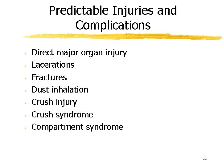 Predictable Injuries and Complications s s s Direct major organ injury Lacerations Fractures Dust