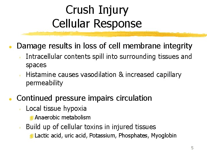 Crush Injury Cellular Response l Damage results in loss of cell membrane integrity s