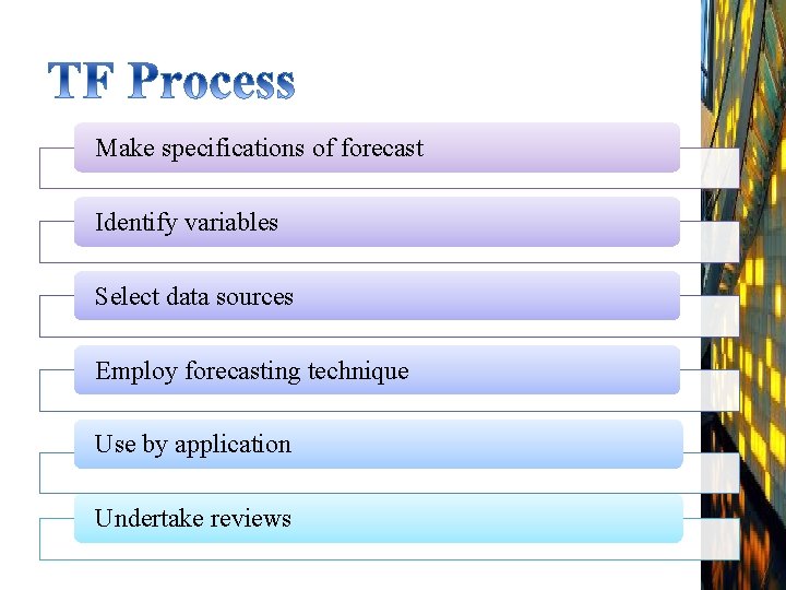Make specifications of forecast Identify variables Select data sources Employ forecasting technique Use by