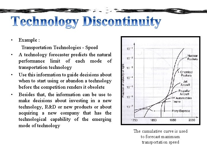  • • Example : Transportation Technologies - Speed A technology forecaster predicts the