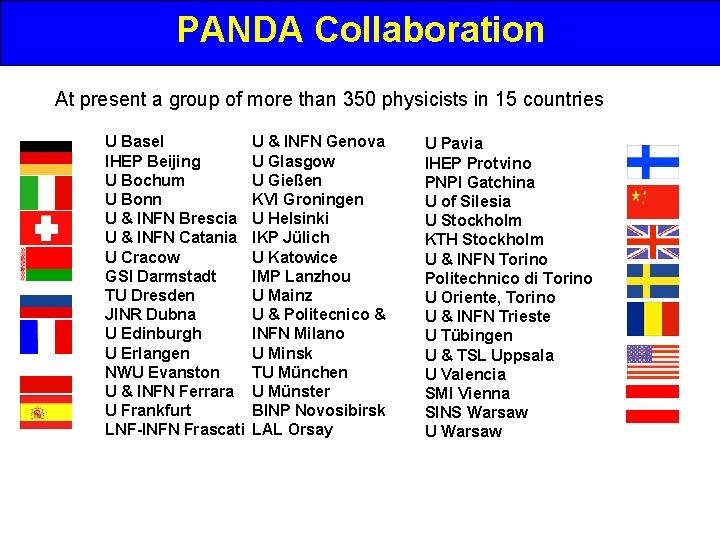 PANDA Collaboration At present a group of more than 350 physicists in 15 countries