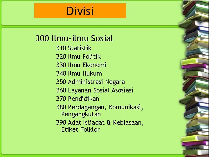 Divisi 300 Ilmu-ilmu Sosial 310 Statistik 320 Ilmu Politik 330 Ilmu Ekonomi 340 Ilmu