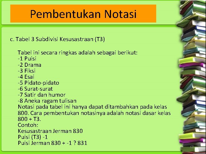 Pembentukan Notasi c. Tabel 3 Subdivisi Kesusastraan (T 3) Tabel ini secara ringkas adalah