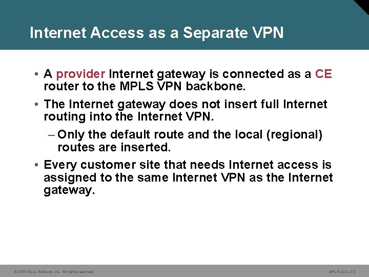 Internet Access as a Separate VPN • A provider Internet gateway is connected as