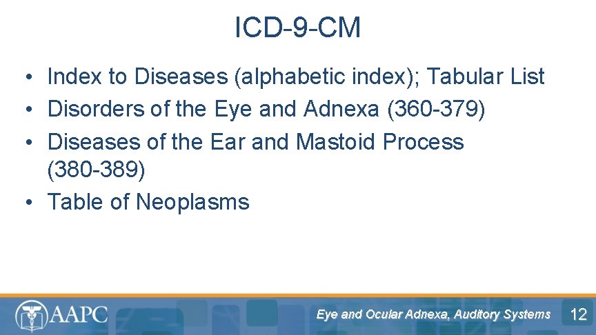 ICD-9 -CM • Index to Diseases (alphabetic index); Tabular List • Disorders of the