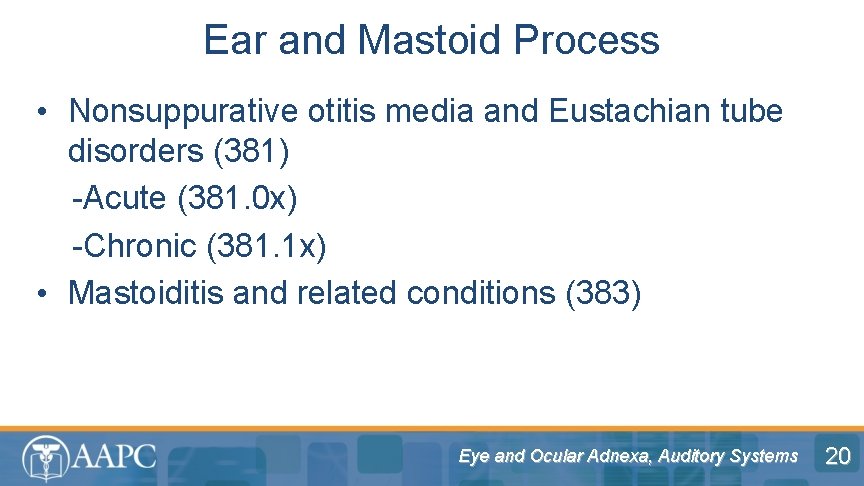 Ear and Mastoid Process • Nonsuppurative otitis media and Eustachian tube disorders (381) -Acute
