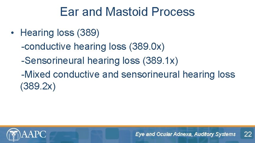 Ear and Mastoid Process • Hearing loss (389) -conductive hearing loss (389. 0 x)