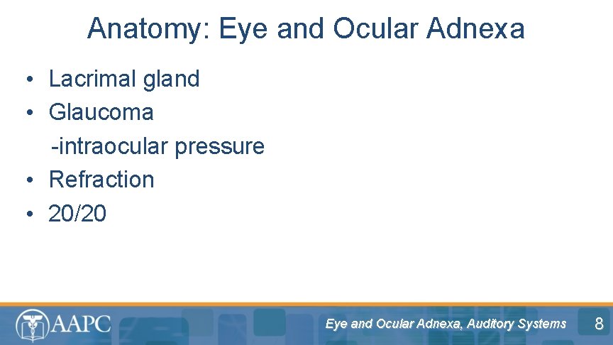 Anatomy: Eye and Ocular Adnexa • Lacrimal gland • Glaucoma -intraocular pressure • Refraction