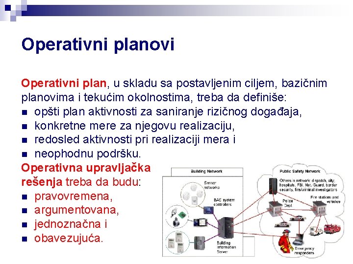 Operativni planovi Operativni plan, u skladu sa postavljenim ciljem, bazičnim planovima i tekućim okolnostima,