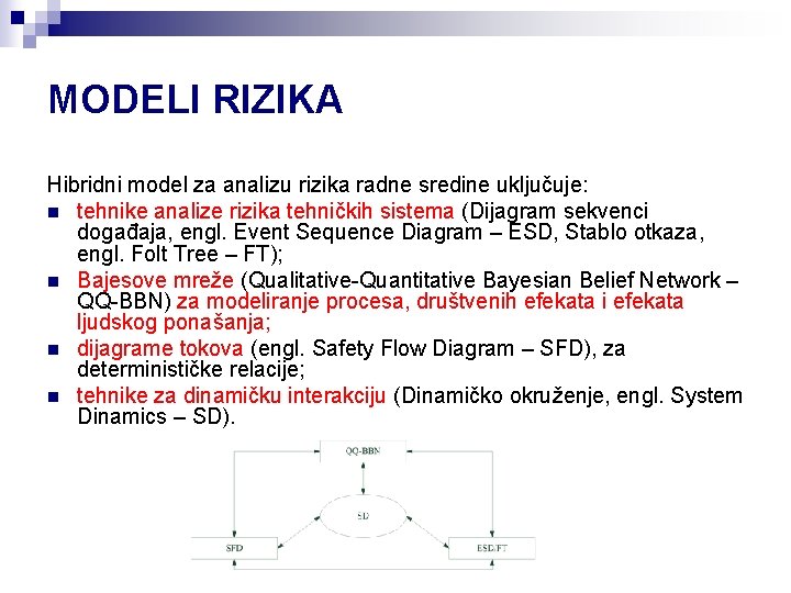 MODELI RIZIKA Hibridni model za analizu rizika radne sredine uključuje: n tehnike analize rizika