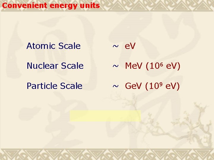 Convenient energy units Atomic Scale ~ e. V Nuclear Scale ~ Me. V (106