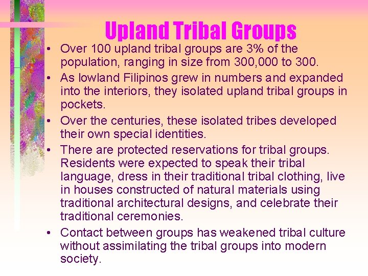 Upland Tribal Groups • Over 100 upland tribal groups are 3% of the population,