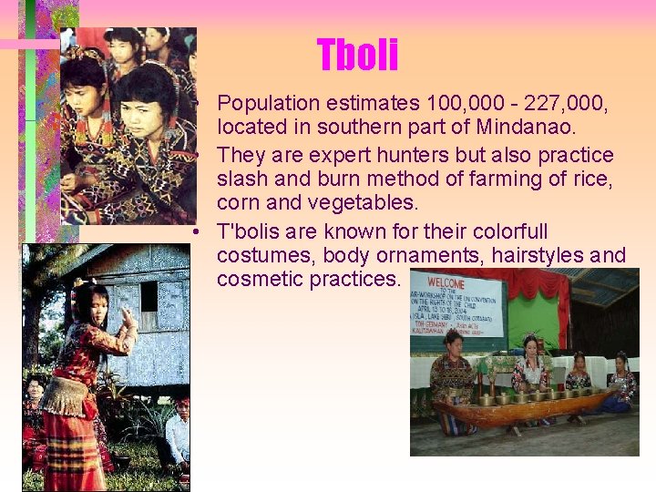 Tboli • Population estimates 100, 000 - 227, 000, located in southern part of