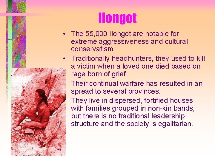 Ilongot • The 55, 000 Ilongot are notable for extreme aggressiveness and cultural conservatism.