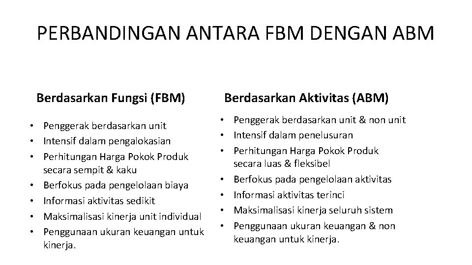 PERBANDINGAN ANTARA FBM DENGAN ABM Berdasarkan Fungsi (FBM) • Penggerak berdasarkan unit • Intensif