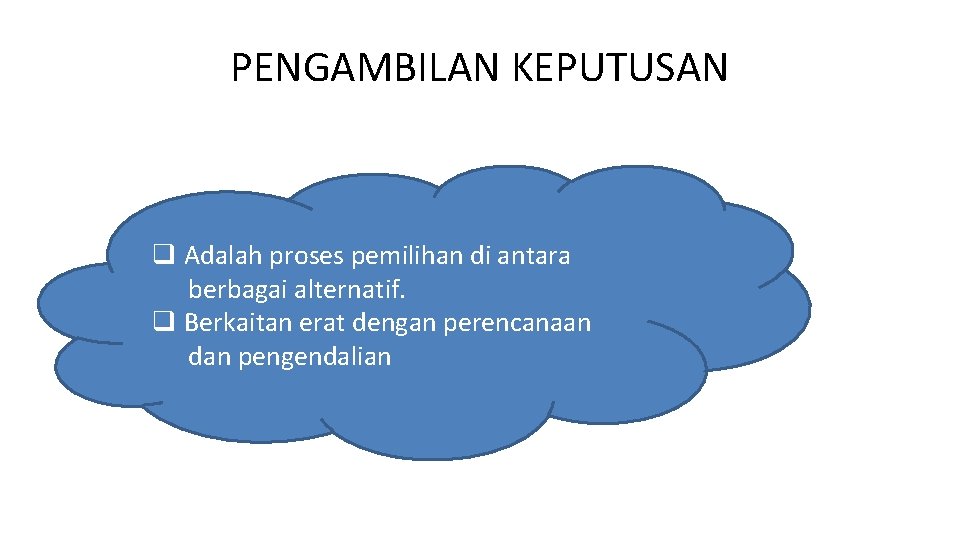 PENGAMBILAN KEPUTUSAN q Adalah proses pemilihan di antara berbagai alternatif. q Berkaitan erat dengan