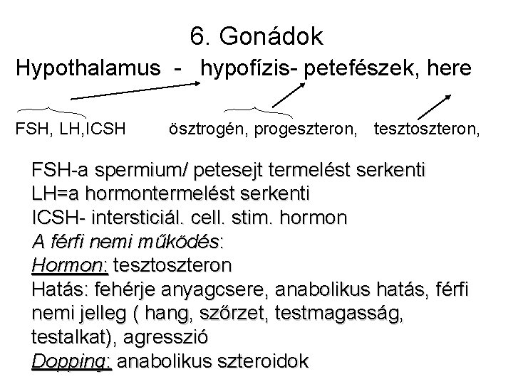 6. Gonádok Hypothalamus - hypofízis- petefészek, here FSH, LH, ICSH ösztrogén, progeszteron, tesztoszteron, FSH-a 6. Gonádok Hypothalamus - hypofízis- petefészek, here FSH, LH, ICSH ösztrogén, progeszteron, tesztoszteron, FSH-a
