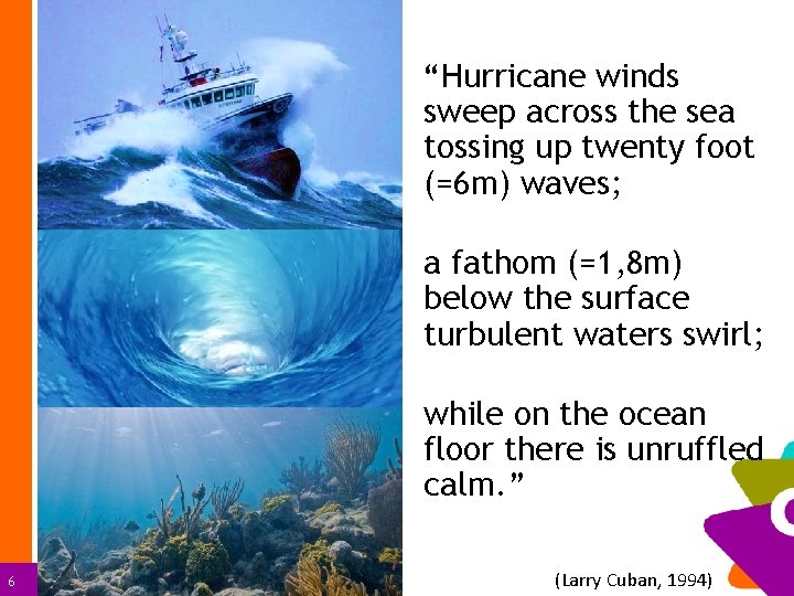 “Hurricane winds sweep across the sea tossing up twenty foot (=6 m) waves; a