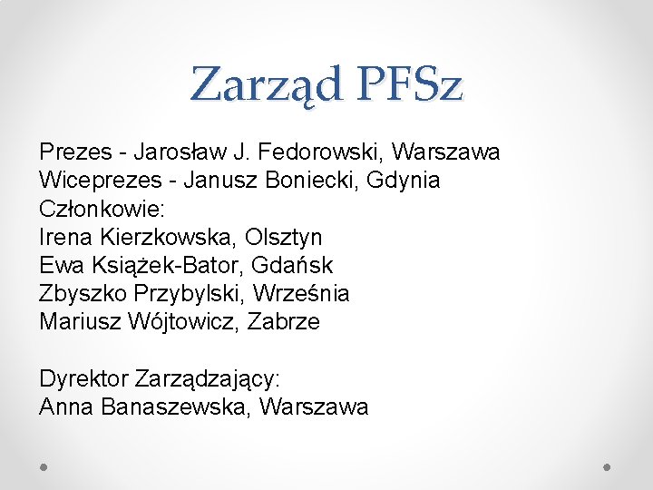 Zarząd PFSz Prezes - Jarosław J. Fedorowski, Warszawa Wiceprezes - Janusz Boniecki, Gdynia Członkowie: