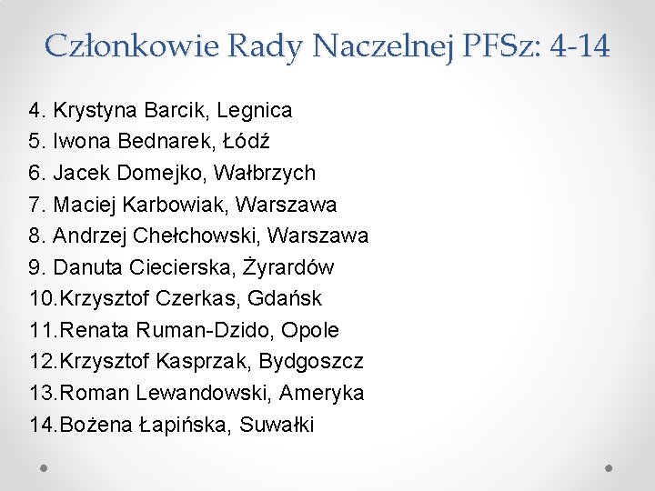 Członkowie Rady Naczelnej PFSz: 4 -14 4. Krystyna Barcik, Legnica 5. Iwona Bednarek, Łódź