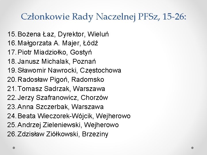 Członkowie Rady Naczelnej PFSz, 15 -26: 15. Bożena Łaz, Dyrektor, Wieluń 16. Małgorzata A.