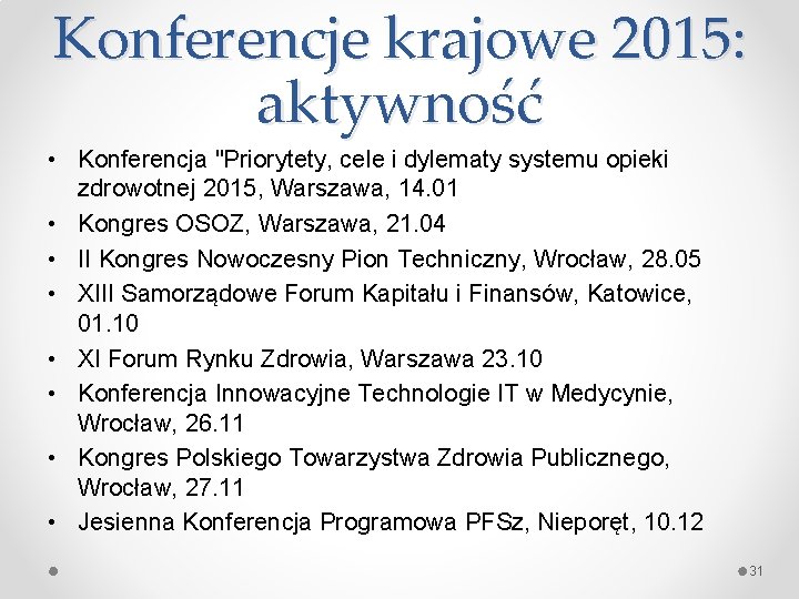 Konferencje krajowe 2015: aktywność • Konferencja "Priorytety, cele i dylematy systemu opieki zdrowotnej 2015,