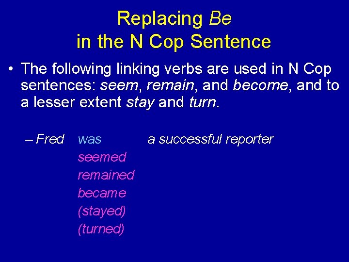 Replacing Be in the N Cop Sentence • The following linking verbs are used