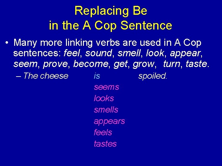 Replacing Be in the A Cop Sentence • Many more linking verbs are used