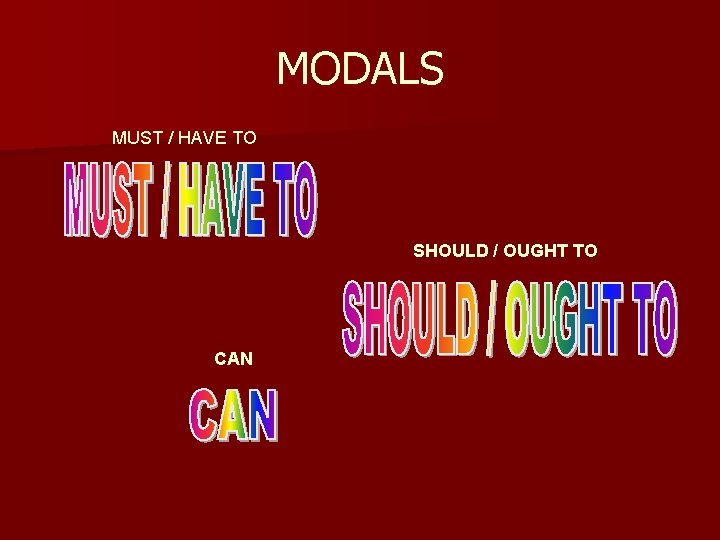 MODALS MUST / HAVE TO SHOULD / OUGHT TO CAN 