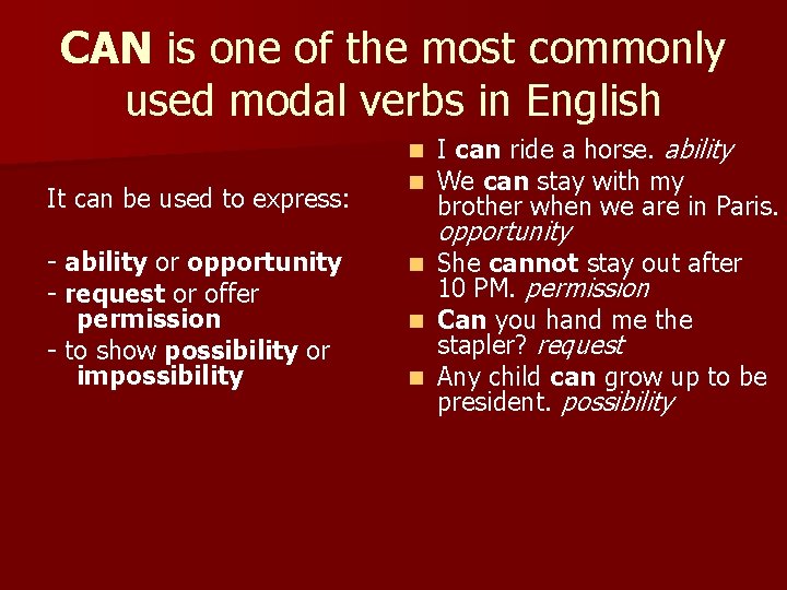 CAN is one of the most commonly used modal verbs in English It can