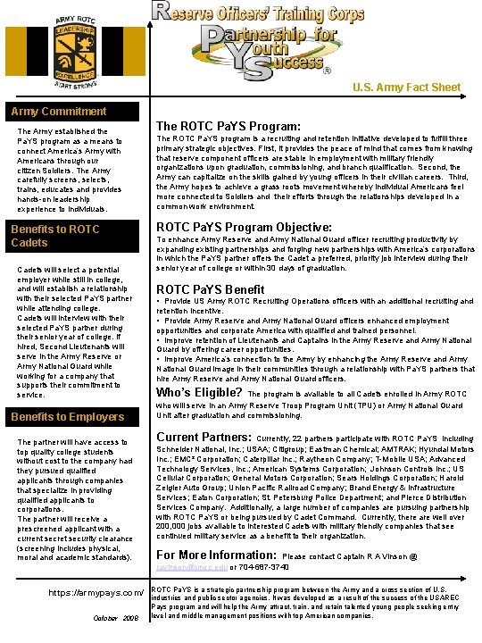 U. S. Army Fact Sheet Army Commitment The Army established the Pa. YS program