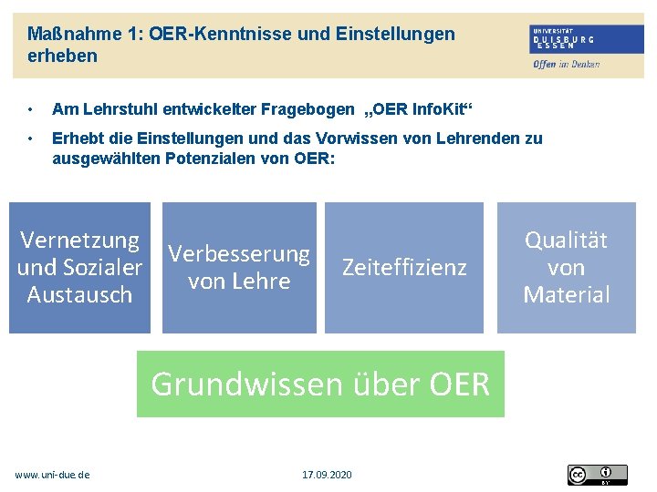 Maßnahme 1: OER-Kenntnisse und Einstellungen erheben • Am Lehrstuhl entwickelter Fragebogen „OER Info. Kit“