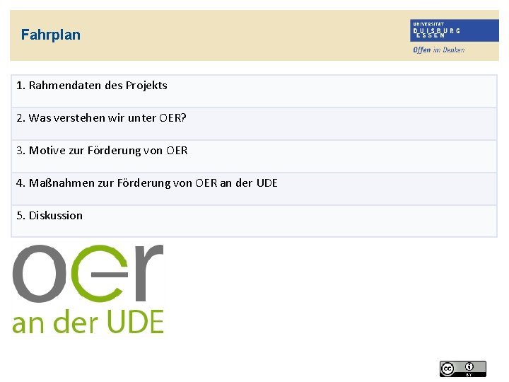 Fahrplan 1. Rahmendaten des Projekts 2. Was verstehen wir unter OER? 3. Motive zur